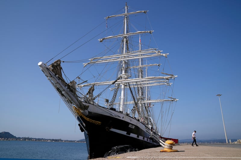 The Belem, which will carry the flame for the Paris games from the Greek capital’s port of Piraeus to Marseille (Thanassis Stavrakis/AP)