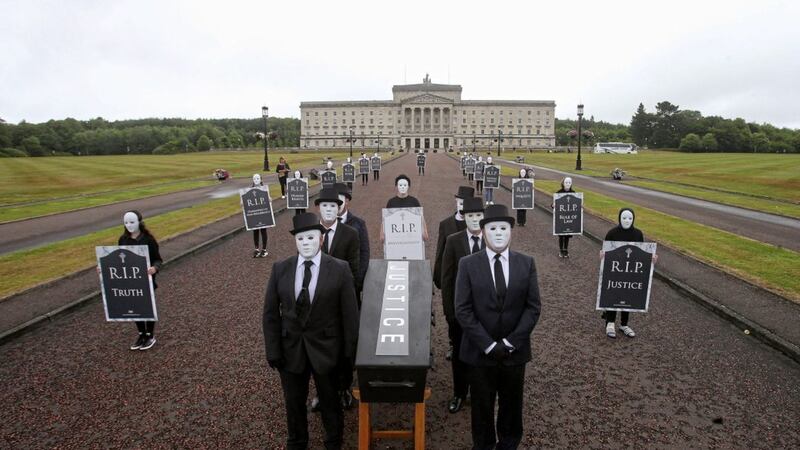 Relatives For Justice stage a protest at Stormont yesterday. Picture by Mal McCann. 