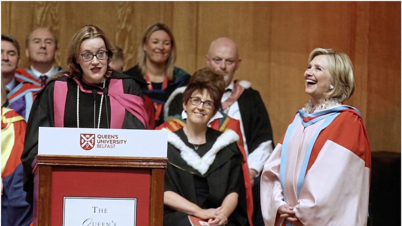 &nbsp;Hillary Clinton receiving her honorary degree from Queen's University in Belfast. Picture by Hugh Russell
