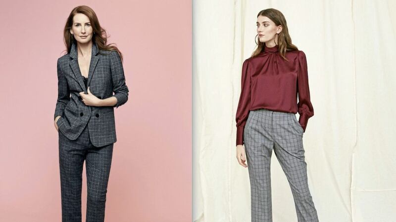 Left, JD Williams Double Breasted Check Blazer, &pound;54 (was &pound;60); Tapered Check Trousers, &pound;45; right, Kitri Agnes Burgundy Satin Blouse, &pound;125; Sergei Check Trousers, &pound;85, available from Kitri 