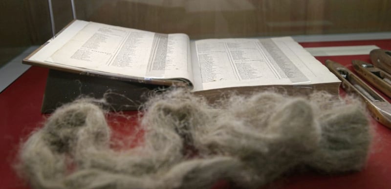 Raw linen thread on display as part of a new Linen Hall library exhibition. Picture by Hugh Russell 