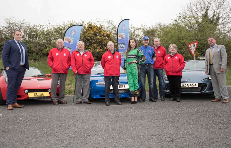 Pictured, left to right, at the launch of the Ballyrobert Craigantlet Hill Climb are: Andrew Gilmour from Ballyrobert; Denis Bell of the Ulster Automobile Club; Ian Sampson of the UAC; Bill Johnston of the UAC; Kerry Kane; Ian Cummins and his ‘Bluebird’ Mazda MX-5; Wilson Carson of the UAC; Carol Willis of the UAC; and Stephen Marshall from Ballyrobert.
