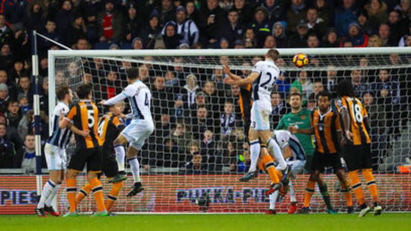 West Bromwich Albion's Gareth McAuley scores his side's second goal in Monday's Premier League win over Hull at the Hawthorns<br />Picture by PA&nbsp;