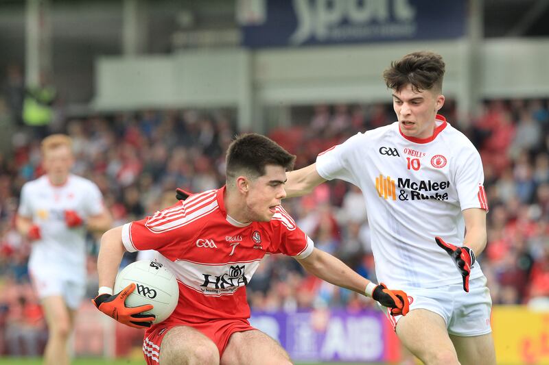 Matty McGuigan in action for Tyrone against Derry in the Ulster Minor Football Championship quarter-final match at Celtic Park. Picture Margaret McLaughlin