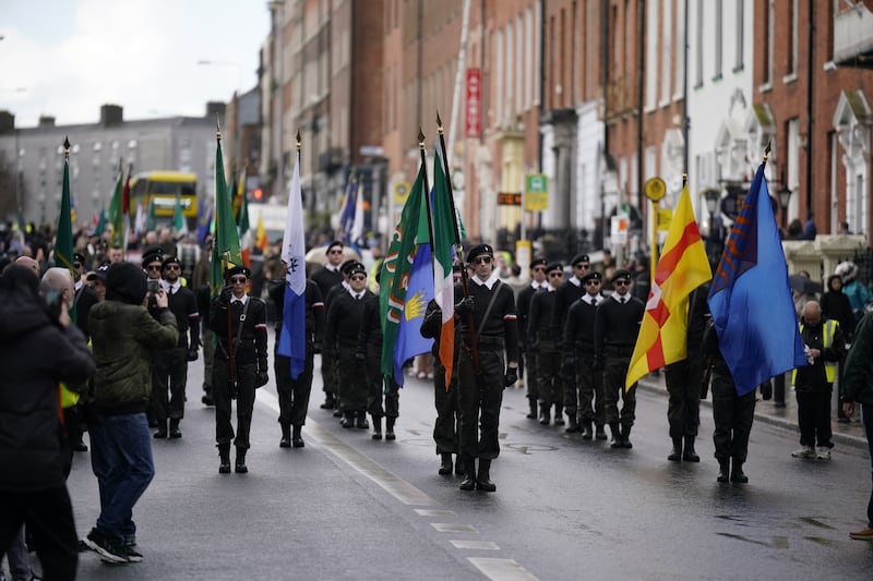 Republicans participate in an unofficial commemoration of the 1916 Easter Rising in Dublin City centre, organised by dissident republican political group Saoradh. Picture date: Saturday March 30, 2024. PA Photo. See PA story IRISH Rising. Photo credit should read: Niall Carson/PA Wire