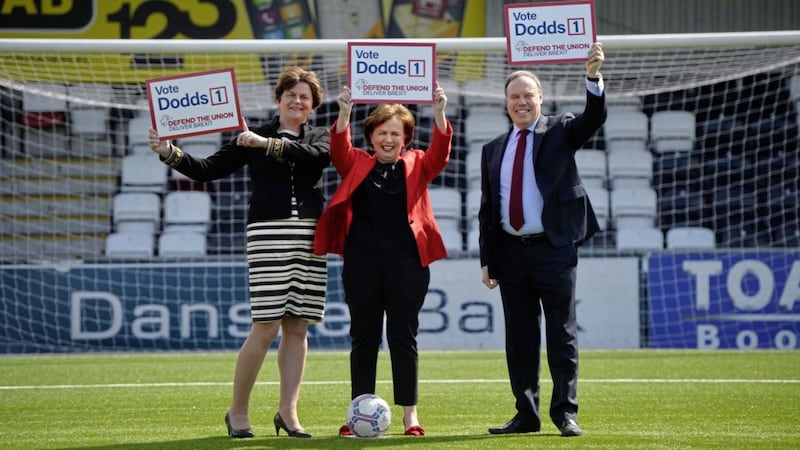 DUP Party manifesto launch at Seaview football ground in north Belfast. Pictured is party leader Arlene Foster with Diane and Nigel Dodds. Picture by Mark Marlow. 