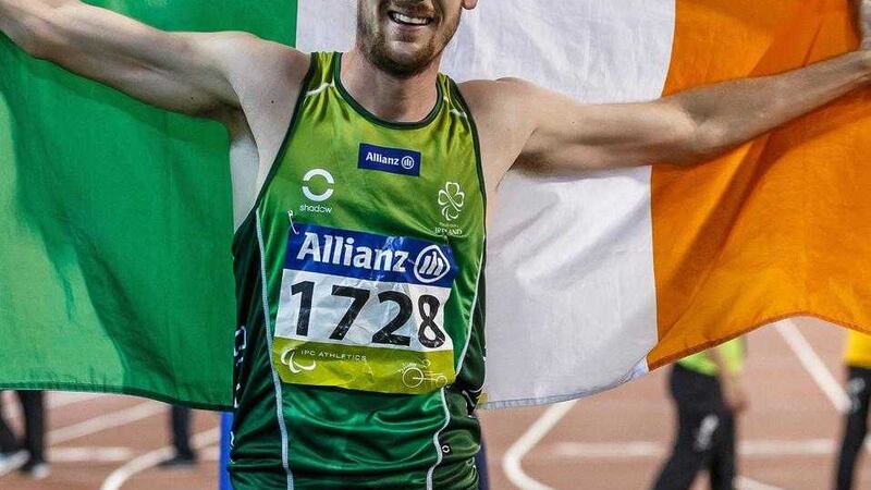 Michael McKillop, from Newtownabbey, Co. Antrim, celebrates after winning the Men&rsquo;s 800m T38 Final at the IPC Athletics World Championships. Doha, Qatar.