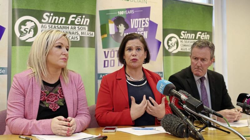 Sinn Fein&#39;s vice president Michelle O&#39;Neill (left) and Sinn Fein&#39;s president Mary Lou McDonald (centre) and Conor Murphy yesterday where the party leader outlined details of a draft deal. Picture by Niall Carson/PA Wire 