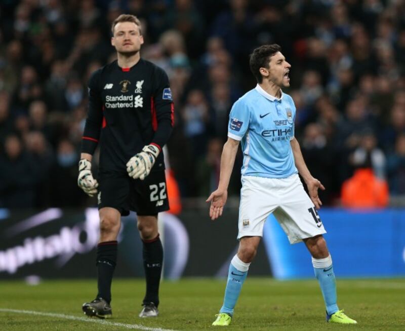 Manchester City's Jesus Navas celebrates scoring a penalty in the 2016 League Cup final