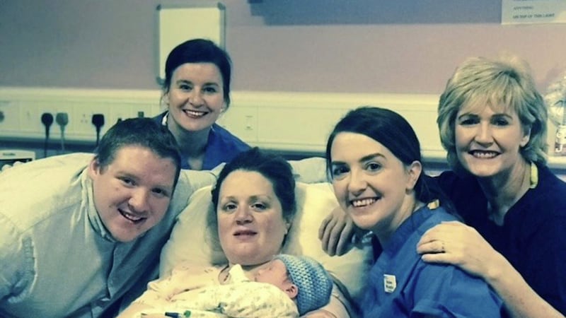 Mum and dad Catherine Coyle and Paul Gately from Claudy welcome baby Kyron with Altnagelvin hospital staff midwives Joanne Russell and Rosleen McLaughlin and Sr Joan McDermott 