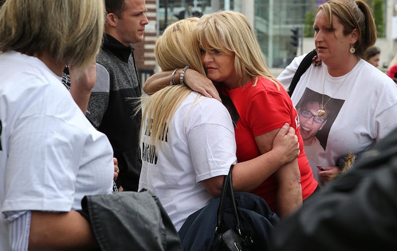 &nbsp;Eamonn Magee Jnr's mother Mary pictured outside court today