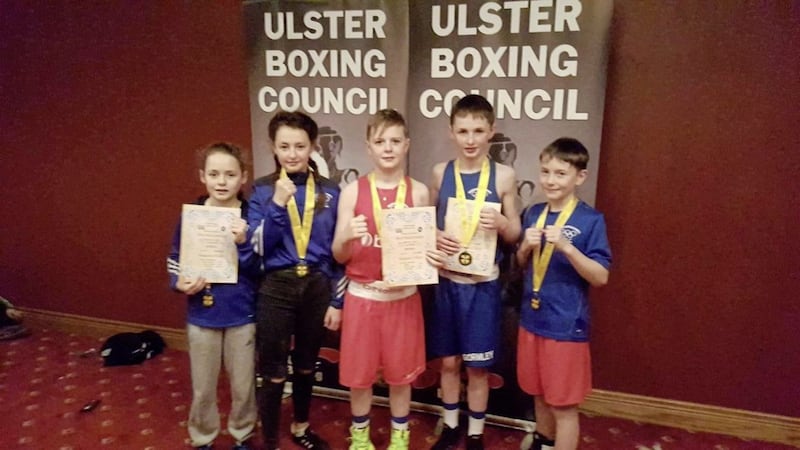 Maydown Olympic Boxing Club in Derry had a weekend to remember at the recent nine counties open championships in Donegal, landing three titles from five and picking up the best boxer award. Pictured are (l-r) Carleigh Irving, Makenzie Murray, Oran Carton, Cahir Gormley and Kian Kelly