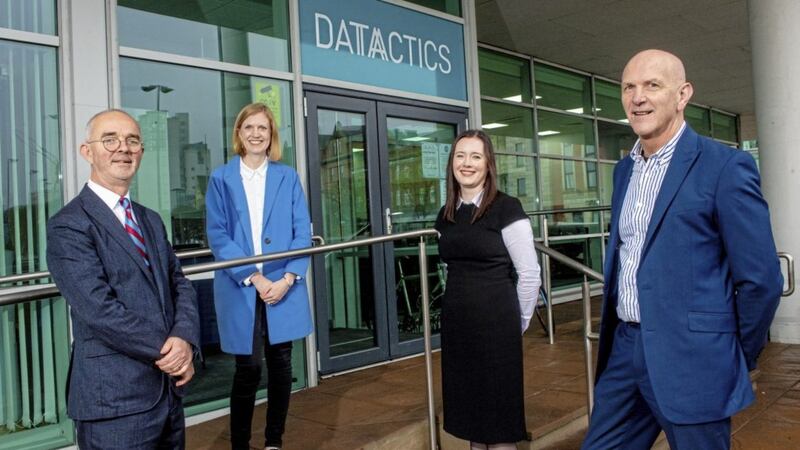 Datactics chief executive Stuart Harvey (left) with the firm&#39;s head of software development &amp; AI Fiona Browne and HR manager Elspeth Flenley, alongside George McKinney, director of technology and services at Invest NI 