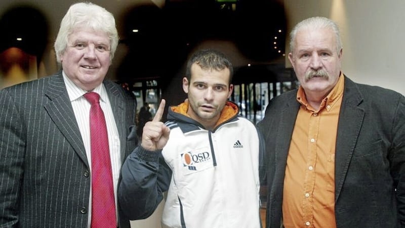 Pat Magee (left), pictured with a young Kiko Martinez and good friend John Rooney, passed away this morning following a short illness. Picture by Seamus Loughran 