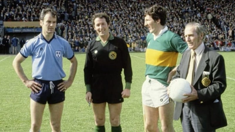 Referee Hugh Duggan with Tony Hanahoe (Dublin) and Tim Kennelly (Kerry) before the throw-in for the 1979 All-Ireland final 