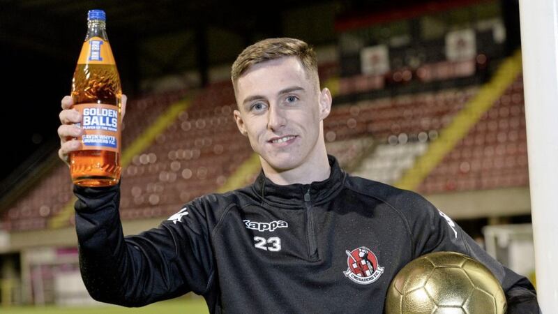Flying winger Gavin Whyte experienced a wee flavour of Scotland as he received IRN-BRU&rsquo;s Golden Balls Award for his last-minute goal that fired Crusaders FC into the semi-final of the IRN-BRU Cup Picture: Stephen Hamilton 