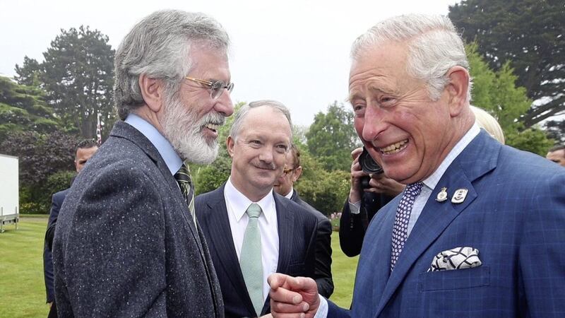 (Left-right) Sinn F&eacute;in leader Gerry Adams and Fianna F&aacute;il TD Sean Haughey meet the Prince of Wales during a reception at Glencairn House in Dublin. Picture by Damien Eagers, Press Association 