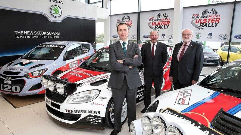 Rallying support - The Ulster Rally will be sponsored by John Mulholland Motors for the next three years. Pictured at the sponsorship announcement are Gary Milligan, clerk of the course, John Mulholland, managing director John Mulholland Motors, and Robert Harkness, president of the Northern Ireland Motor Club 