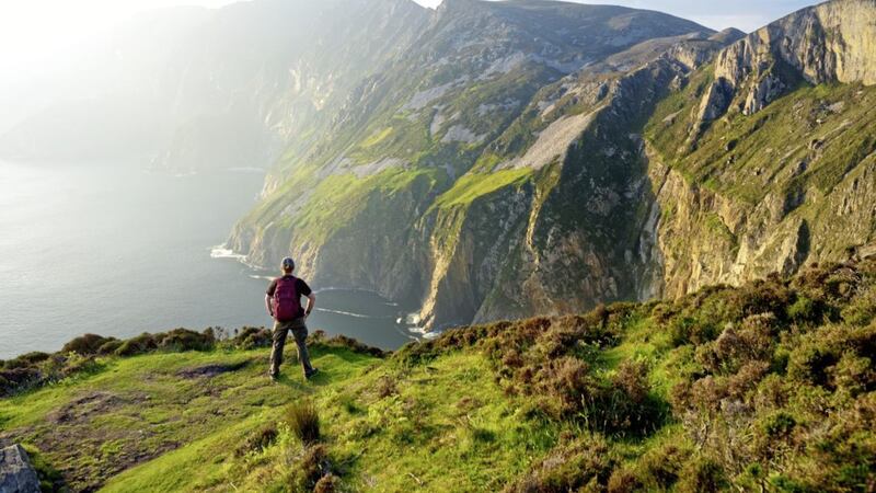 Slieve League, Ireland&#39;s highest sea cliffs, located in south west Donegal, is one of the most popular stops on the Wild Atlantic Way 