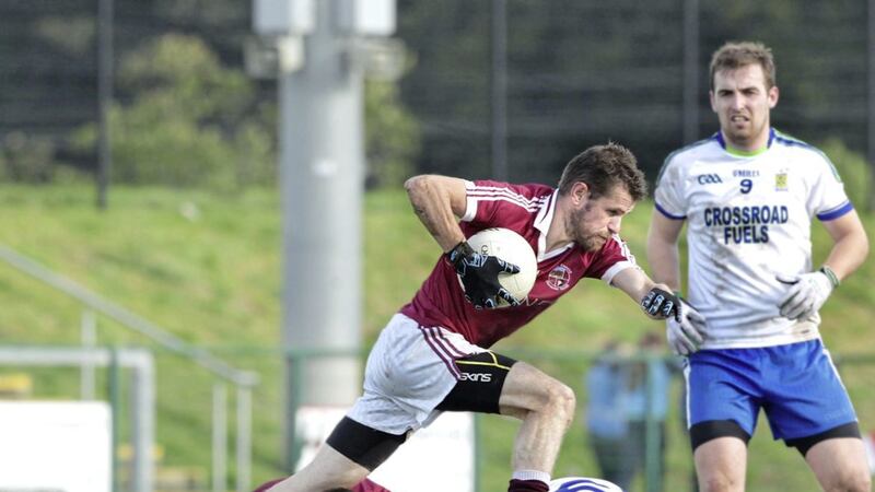 Slaughtneil captain Francis McEldowney in action against Ballinderry during the Derry Senior Championship clash at Owenbeg. Picture by Margaret McLaughlin 