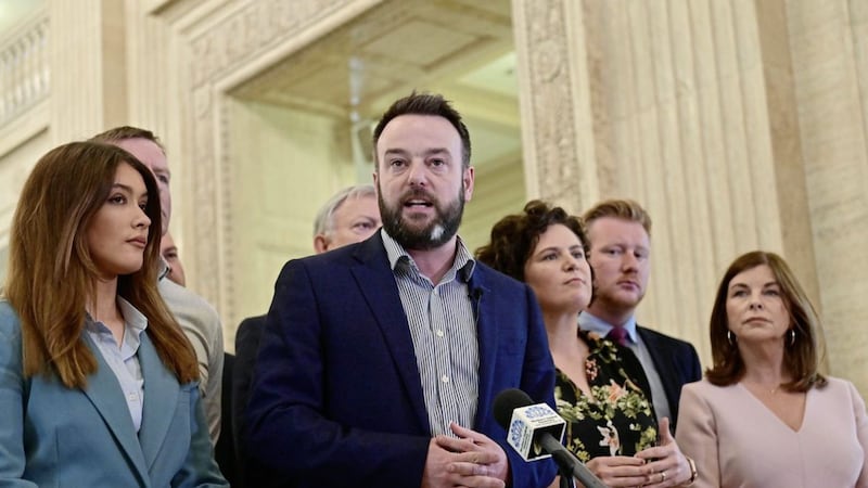 SDLP leader Colum Eastwood pictured with his party&#39;s newly elected MLAs at Stormont on Monday. Photo: Arthur Allison/Pacemaker Press 