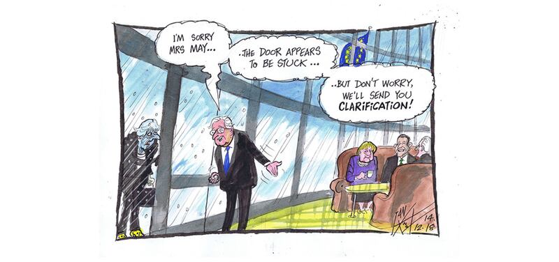 Ian Knox cartoon 14/12/18: Theresa heads back to Brussels on what seems a hopeless mission to tweak the Irish backstop arrangement. Earlier in the week in Berlin,the PM is briefly trapped in her car while waiting to meet Angela Merkel&nbsp;