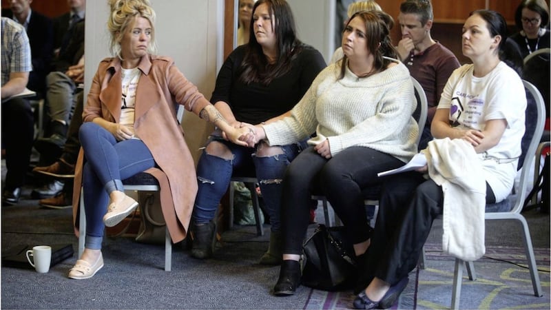 Relatives of the late Annie McCourt at a press conference following the publication of a scathing investigation into Dunmurry Manor Care Home. Picture by Hugh Russell 