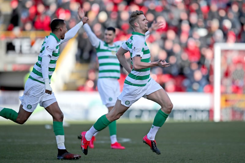 Celtic's Kristoffer Ajer celebrates scoring his side's second goal during the Ladbrokes Scottish Premiership match at Pittodrie Stadium, Aberdeen on Sunday February 16, 2020. Picture by Jane Barlow/PA Wire.&nbsp;