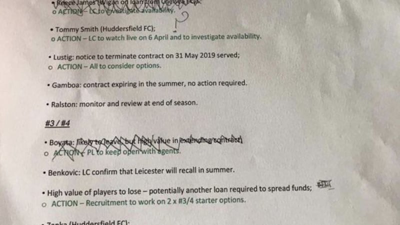 Image being shared online from a meeting in April outlining Celtic's transfer plans