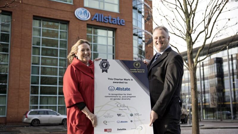 Women in Business chief executive with John Healy, managing director of Allstate Northern Ireland, a Women in Business gender diversity champion 