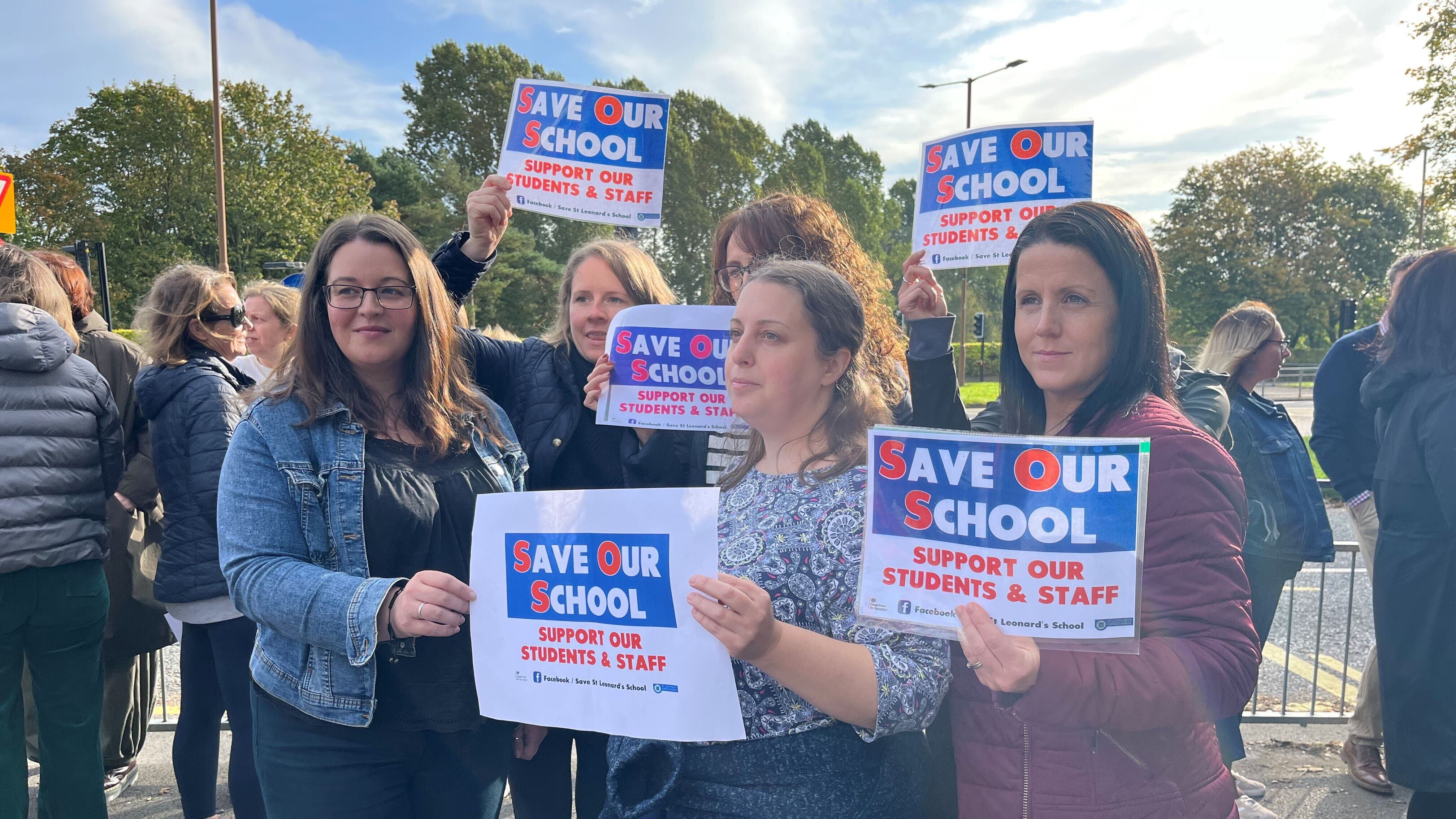 Parents demonstrate in support of St Leonard’s Catholic School, Durham, which has been disrupted by sub standard reinforced autoclaved aerated concrete (Raac) (Tom Wilkinson/PA)