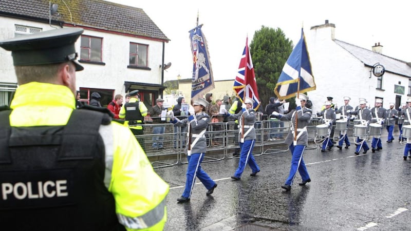 Loyalist bands marched through the mainly nationalist village of Rasharkin last week. Picture by Matt Bohill  