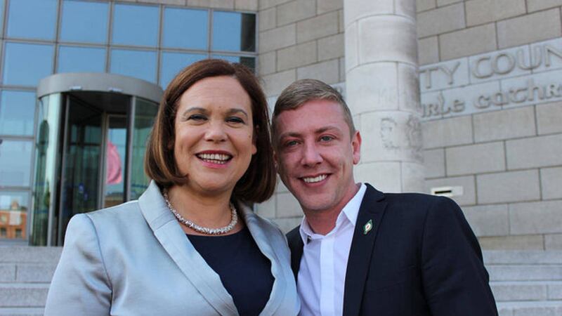 Jonathan Dowdall pictured with Sinn F&eacute;in deputy leader Mary Lou McDonald before his resignation 