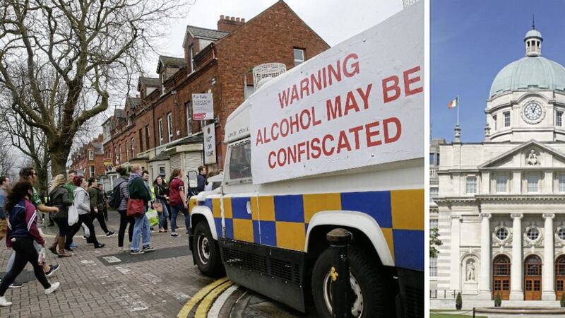 Police in Belfast&#39;s Holylands area on St Patrick&#39;s Day this year, and right, government buildings in Dublin 