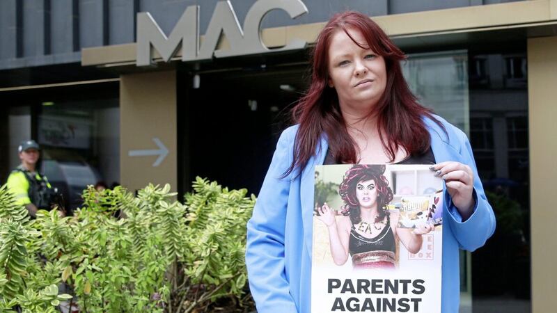 Former TUV councillor Jolene Bunting protesting outside the Mac. Picture by Philip Walsh 