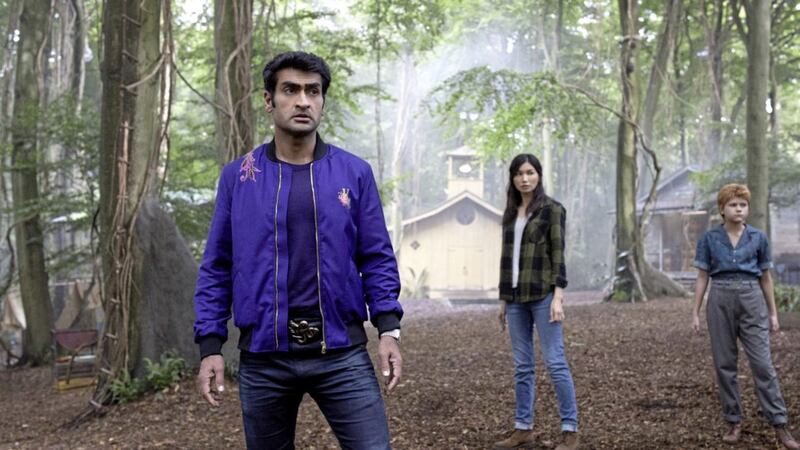 Eternals: Kumail Nanjiani as Kingo, Gemma Chan as Sersi and Lia McHugh as Sprite 