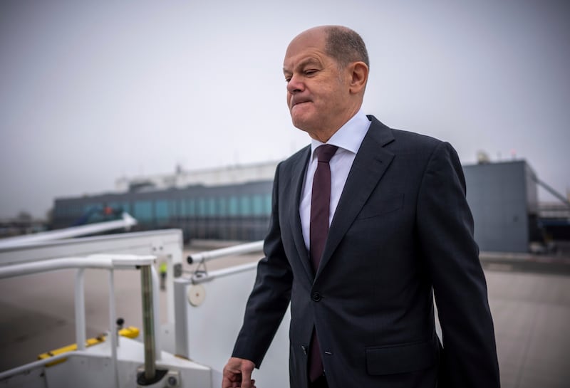 German Chancellor Olaf Scholz boards an Airbus of the Air Force’s Air Wing at the military section of Berlin Brandenburg Airport to fly to the US (Michael Kappeler/AP)