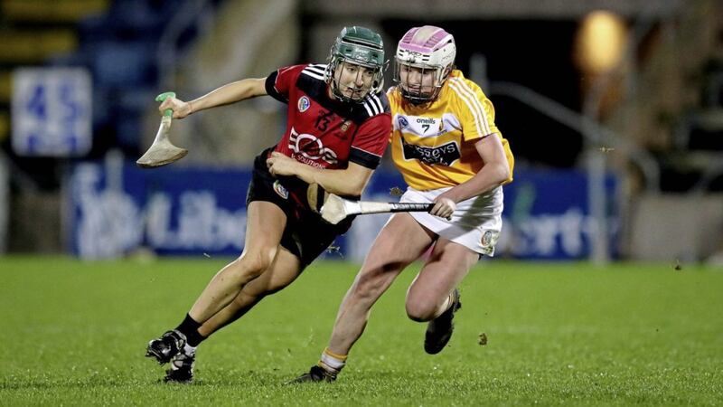 Down&#39;s Niamh Mallon and Amy Boyle of Antrim during December&#39;s All-Ireland intermediate final at Kingspan Breffni. Down won that day while Antrim gained revenge in the opening match of this year&#39;s National League 