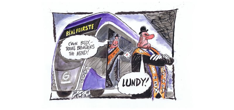 Ian Knox, in his cartoon today, gives his unique take on plans for the Glider service to switch between Irish and English as it travels across Belfast