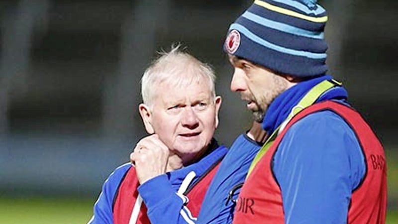Galbally Pearse&#39;s manager Paddy Crozier with coach Joe McMahon (right) before the 2022 Ulster Club IFC Final against Corduff. Pic Philip Walsh 