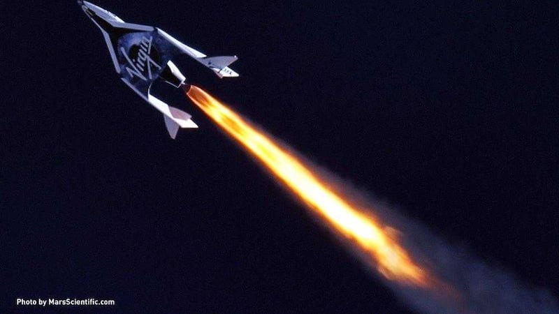The first SpaceShipTwo during its first supersonic powered flight, as Sir Richard Branson is to unveil the new Virgin Galactic SpaceShipTwo as the company pushes ahead in the race to send passengers into space. Picture by Mark Greenberg/ MarsScientific/ Virgin Galactic/PA