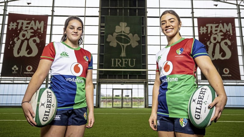 Winger Clara Barrett and flanker Maeve &Oacute;g O&rsquo;Leary wearing the Ireland Combined Provinces jersey - they host Scotland&#39;s Thistles at Kingspan Stadium in Belfast on Saturday evening (4.30pm kick-off). 