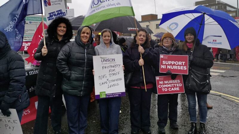 Staff on the picket line at Daisy Hill Hospital in Newry 