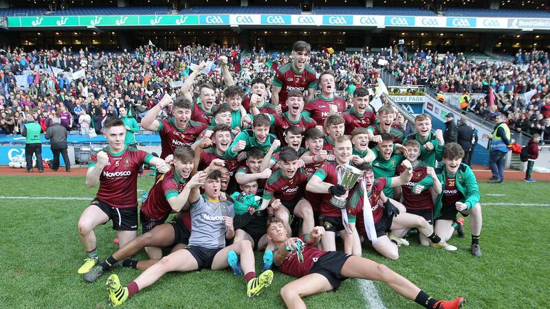 HOGAN HEROES: St Ronan&rsquo;s, Lurgan celebrate beating Rice College, Westport at Croke Park to win the Hogan Cup at Croke Park, a month after winning the young school&rsquo;s first MacRory Cup title, under joint-managers Mickey Donnelly and David Wilson &nbsp;