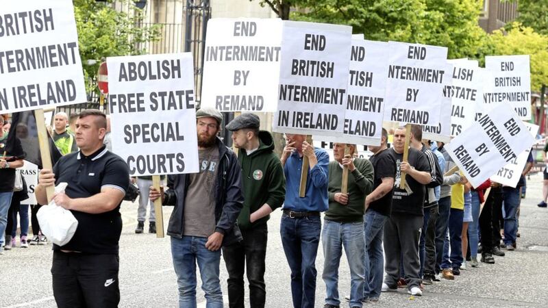 Republican marchers take part in an Anti-Internment League parade through Belfast city centre. Picture by Mal McCann 