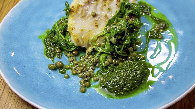 Niall McKenna&#39;s cod with lentils, rocket and salsa verde 