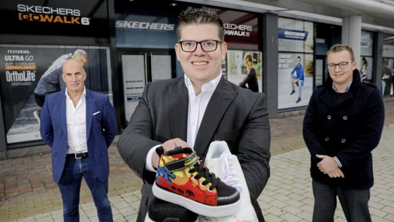 BEST FOOT FORWARD: Paul Gallagher, managing director of Skechers Ireland, with Junction centre manager Chris Flynn and Craig Stewart, senior asset manager of Lotus Property. Picture: Philip Magowan/PressEye 