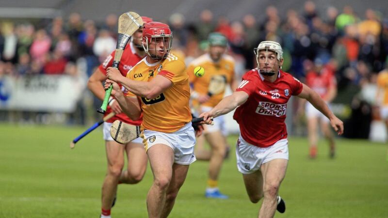 Antrim sub Conor Johnston gets away from Cork&#39;s Tommy O&#39;Connell during Saturday&#39;s All Ireland SHC preliminary quarter-final. Picture by Seamus Loughran 