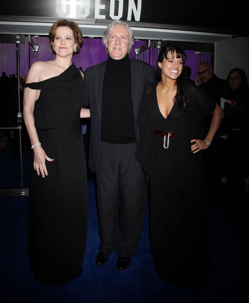 (Left to right) Sigourney Weaver, director James Cameron and Zoe Saldana at the world premiere of Avatar in London, held in December 2009
