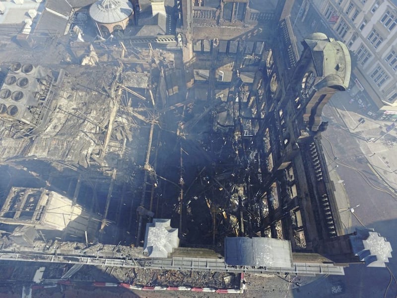An aerial image of the Primark store gutted by fire in Belfast city centre. Picture by Gregory Weeks 